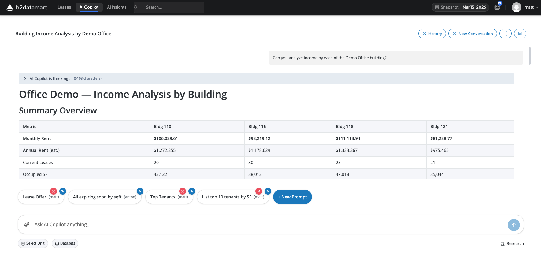 Folio AI Copilot answering a natural language question with a building income analysis table