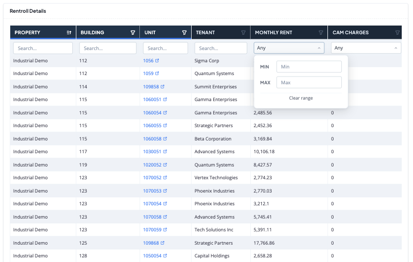 Folio Rentroll Details table with column filters, property and tenant rows, and monthly rent range filter